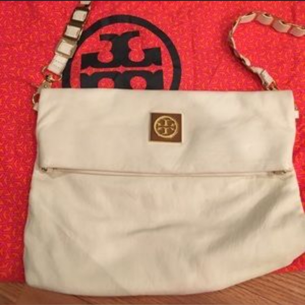 Tory Burch Louisa Messenger Foldover Leather Ivory Bag Purse Handbag - Picture 2 of 6